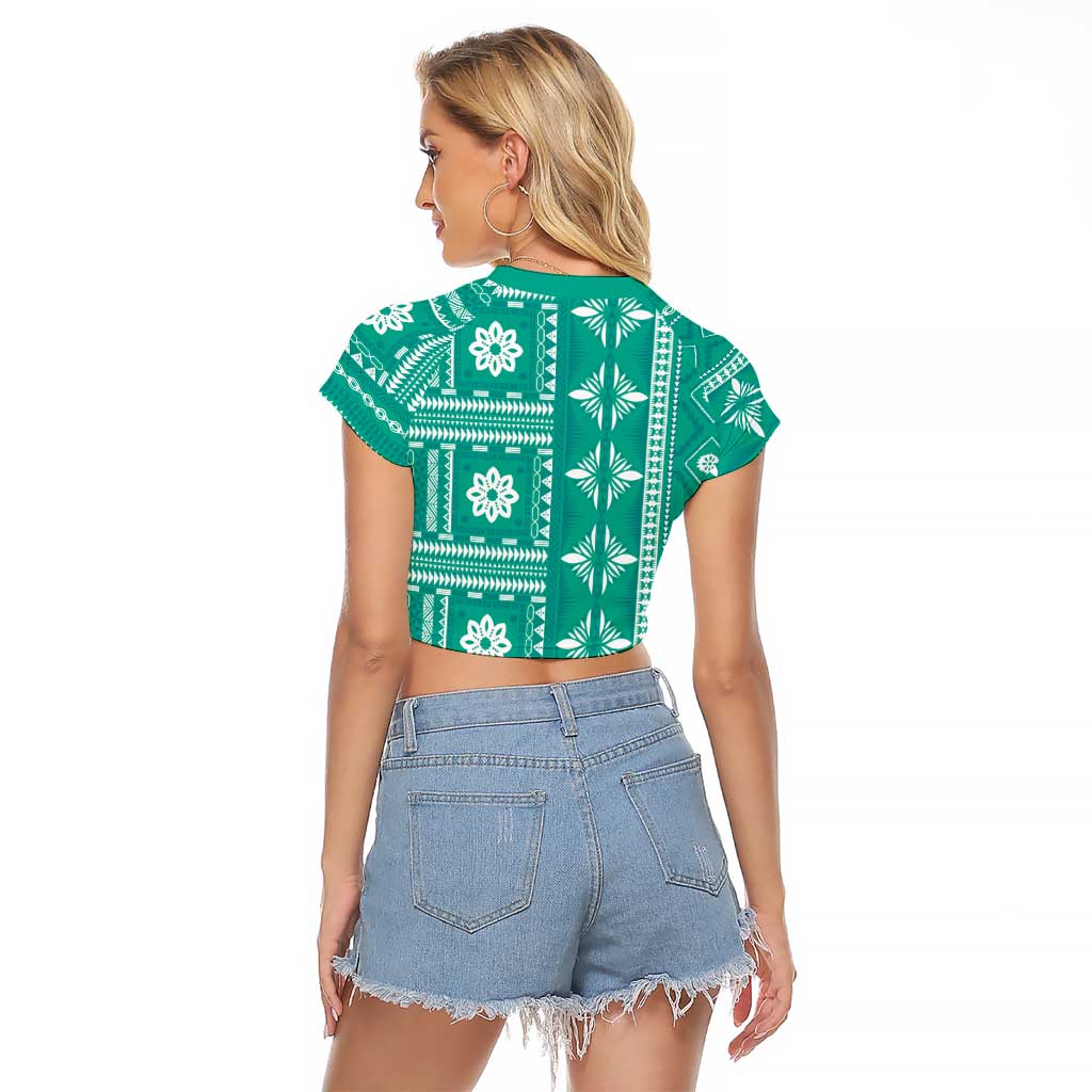 Fiji Masi All Teal Raglan Cropped T Shirt Tapa Pattern LT01 - Polynesian Pride