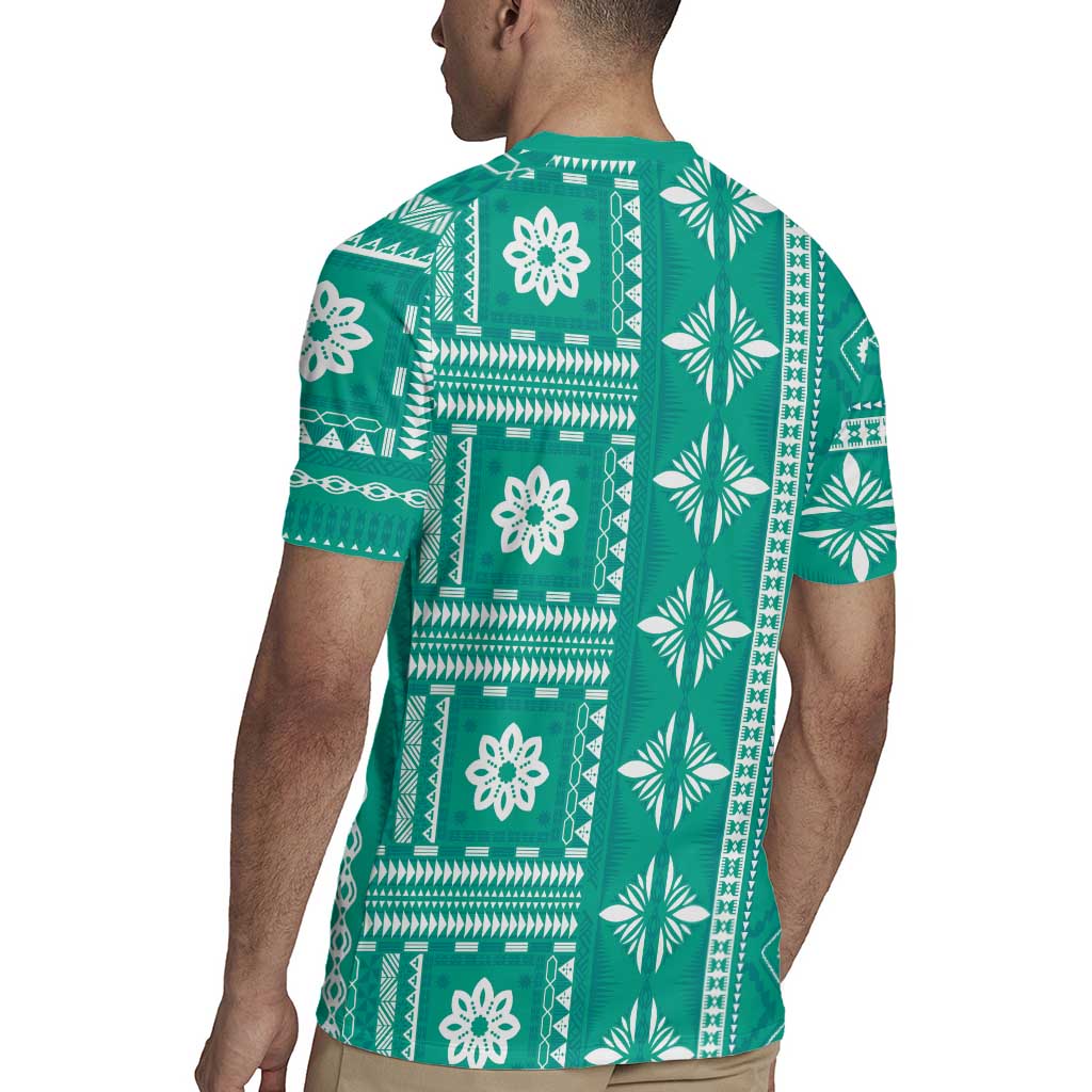 Fiji Masi All Teal Rugby Jersey Tapa Pattern LT01 - Polynesian Pride