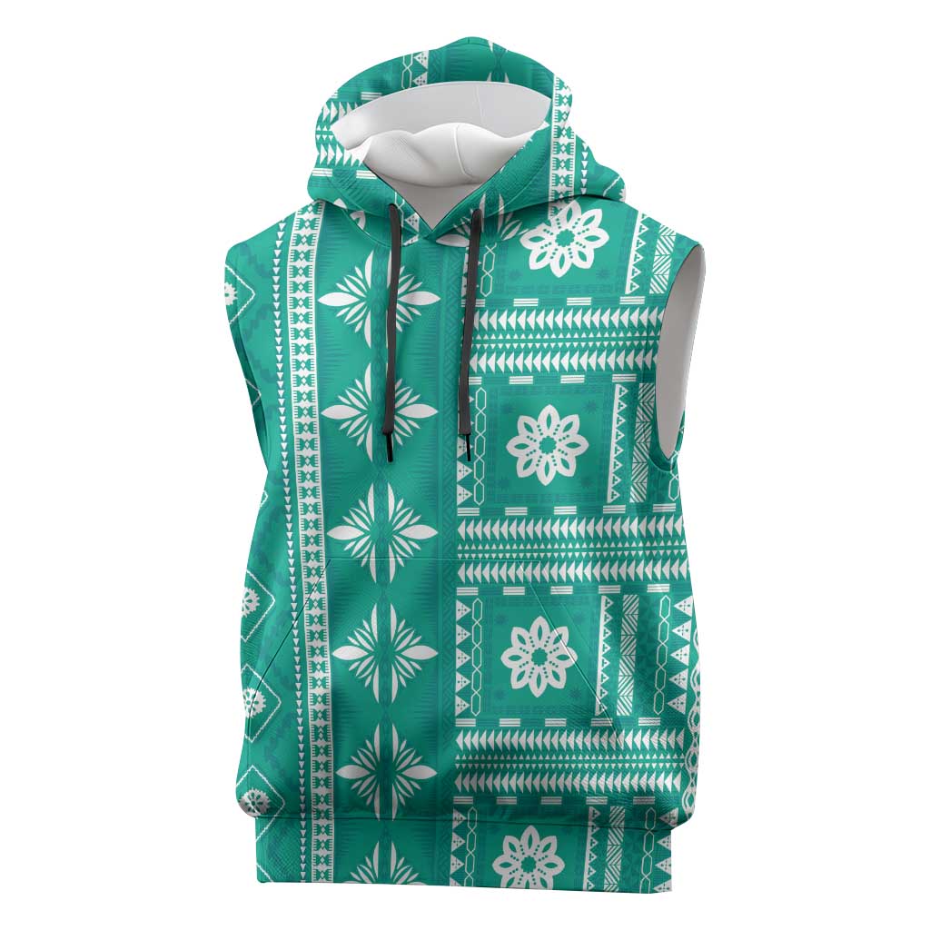 Fiji Masi All Teal Sleeveless Hoodie Tapa Pattern LT01 Teal - Polynesian Pride
