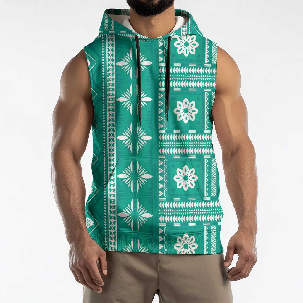 Fiji Masi All Teal Sleeveless Hoodie Tapa Pattern LT01 - Polynesian Pride