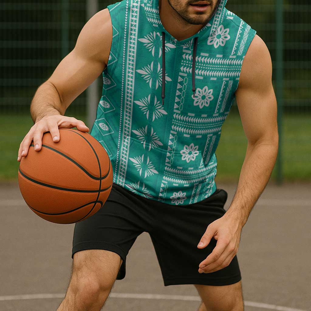 Fiji Masi All Teal Sleeveless Hoodie Tapa Pattern LT01 - Polynesian Pride