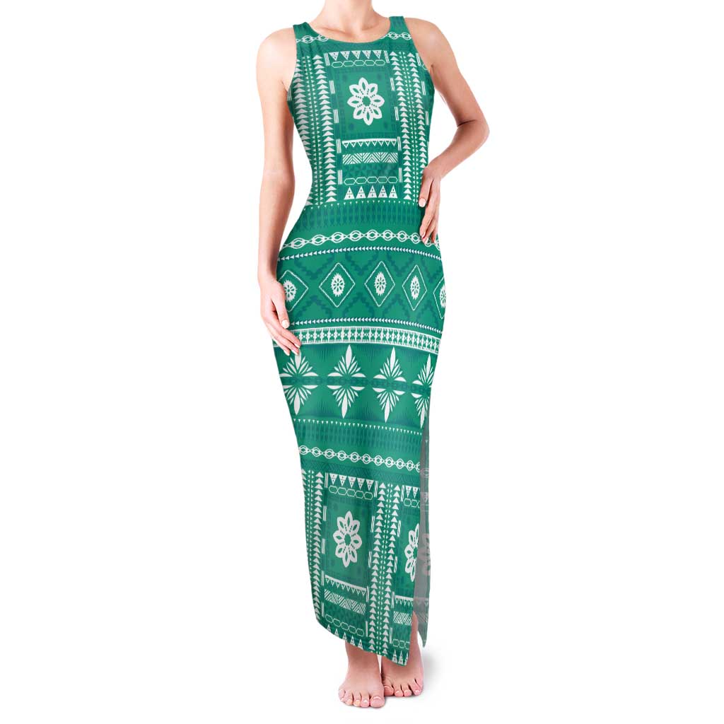 Fiji Masi All Teal Tank Maxi Dress Tapa Pattern LT01 Women Teal - Polynesian Pride