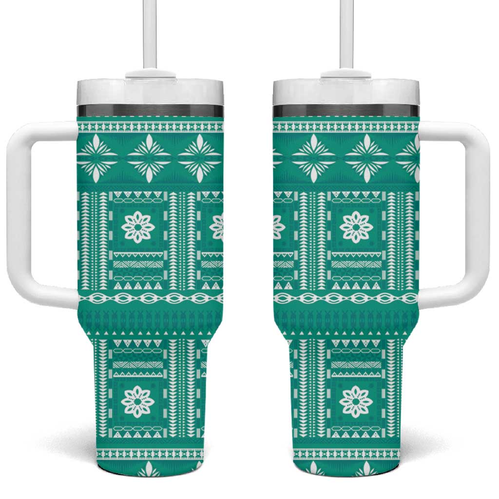 Fiji Masi All Teal Tumbler With Handle Tapa Pattern LT01 One Size: 40 oz Teal - Polynesian Pride