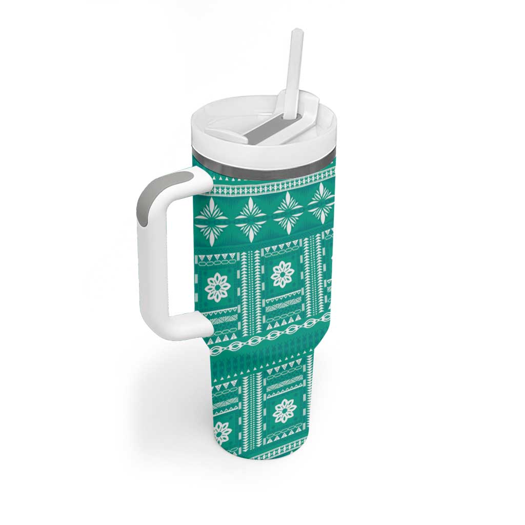 Fiji Masi All Teal Tumbler With Handle Tapa Pattern LT01 - Polynesian Pride