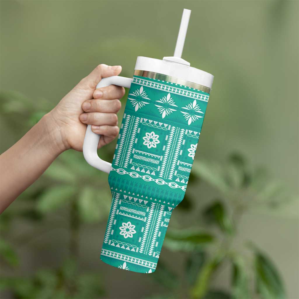 Fiji Masi All Teal Tumbler With Handle Tapa Pattern LT01 - Polynesian Pride