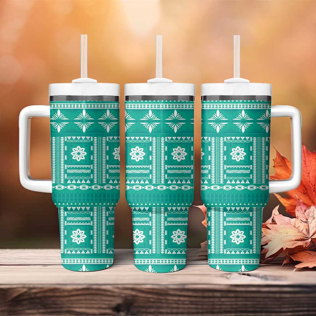 Fiji Masi All Teal Tumbler With Handle Tapa Pattern LT01 - Polynesian Pride