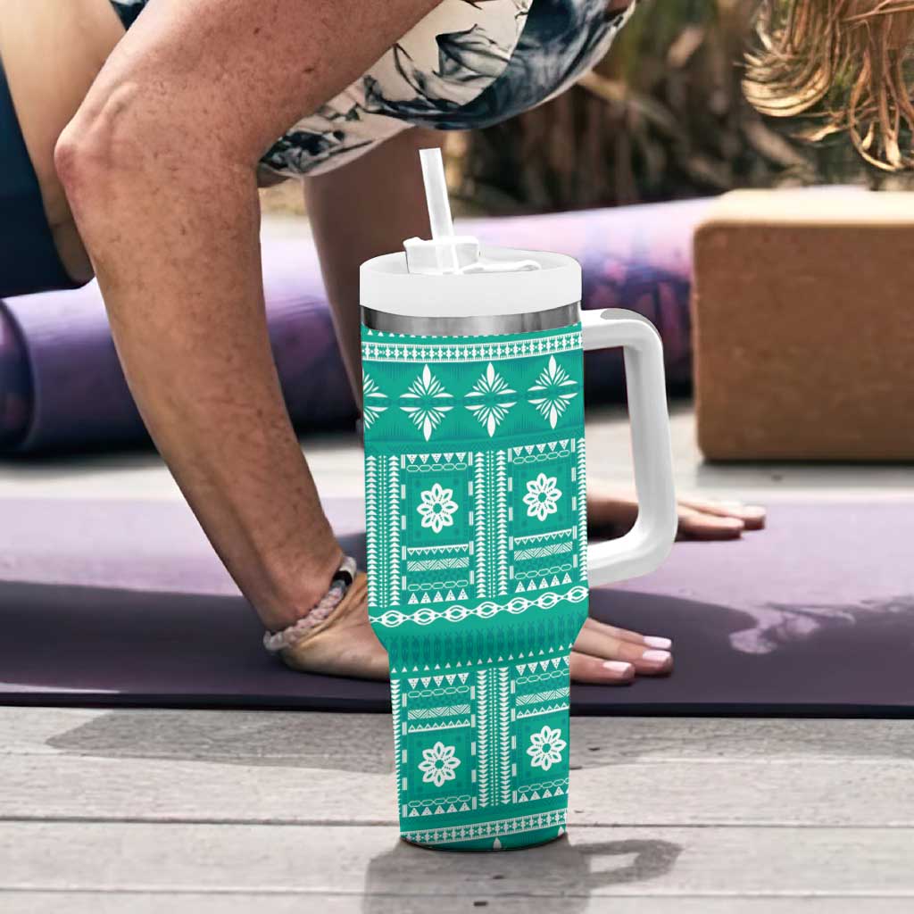 Fiji Masi All Teal Tumbler With Handle Tapa Pattern LT01 - Polynesian Pride