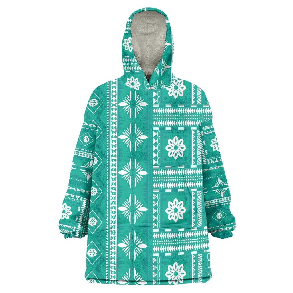 Fiji Masi All Teal Wearable Blanket Hoodie Tapa Pattern LT01 One Size Teal - Polynesian Pride