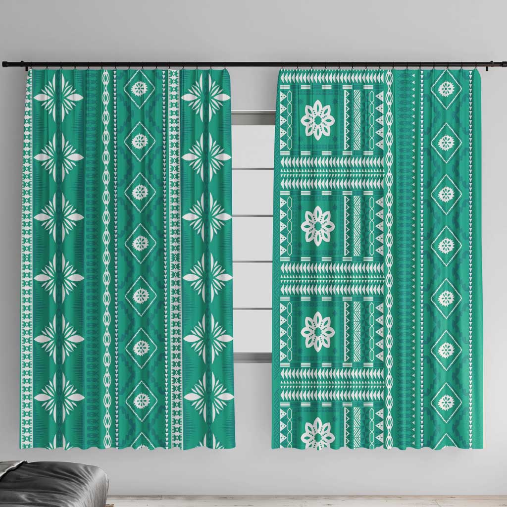 Fiji Masi All Teal Window Curtain Tapa Pattern LT01 With Hooks Teal - Polynesian Pride