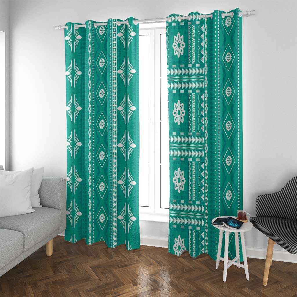Fiji Masi All Teal Window Curtain Tapa Pattern LT01 With Grommets Teal - Polynesian Pride