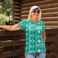 Fiji Masi All Teal Women Polo Shirt Tapa Pattern LT01 - Polynesian Pride