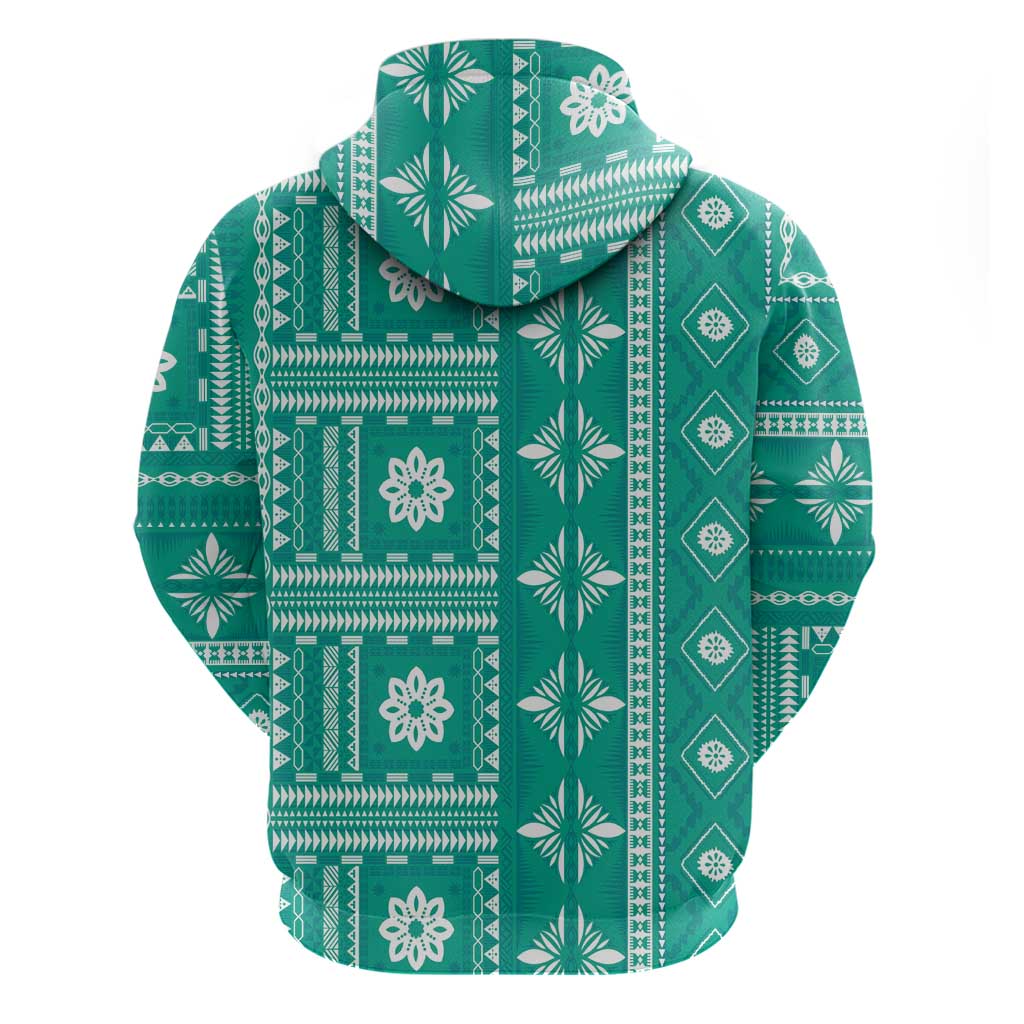 Fiji Masi All Teal Zip Hoodie Tapa Pattern LT01 - Polynesian Pride