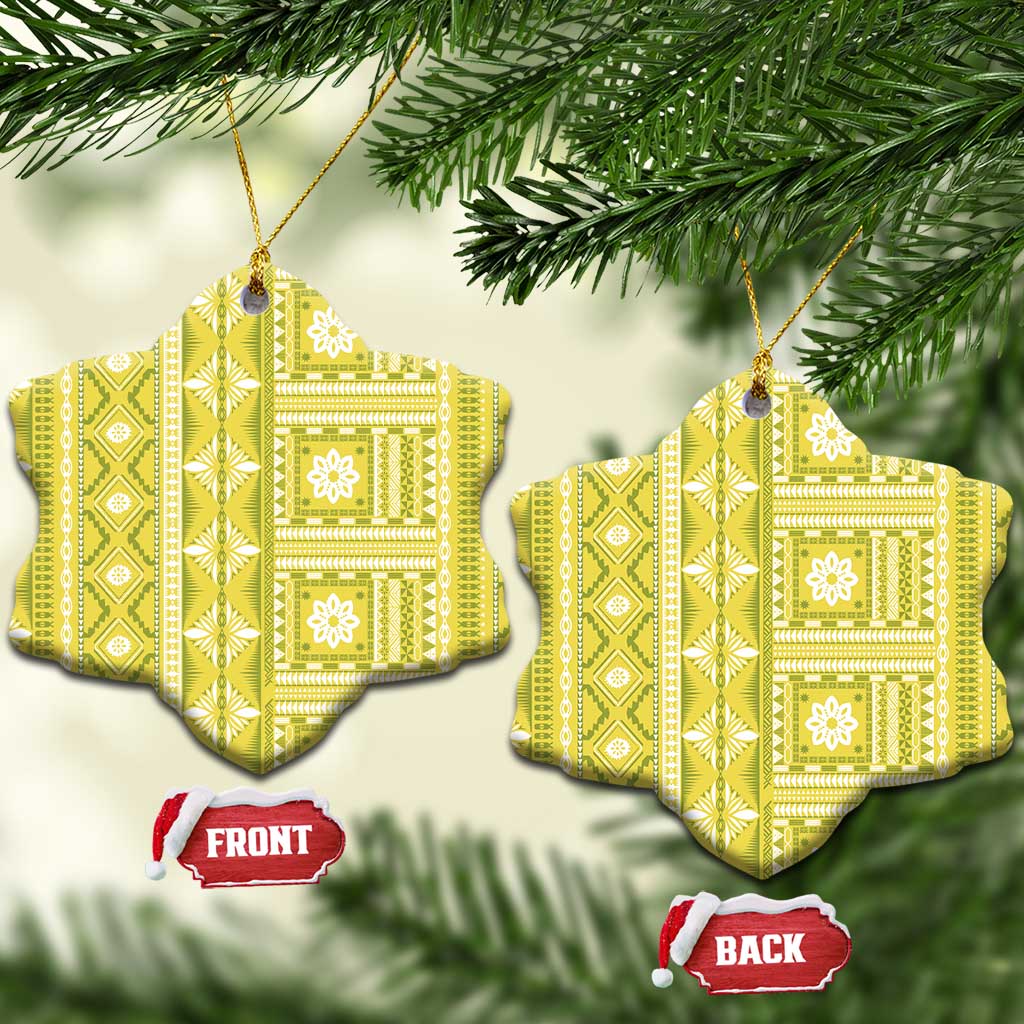 Fiji Masi All Yellow Ceramic Ornament Tapa Pattern LT01 Snow Flake Yellow - Polynesian Pride