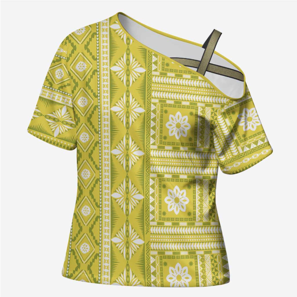 Fiji Masi All Yellow Cross Shoulder Shirt Tapa Pattern LT01 Female Yellow - Polynesian Pride