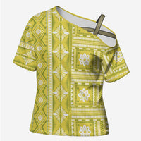 Fiji Masi All Yellow Cross Shoulder Shirt Tapa Pattern LT01 Female Yellow - Polynesian Pride
