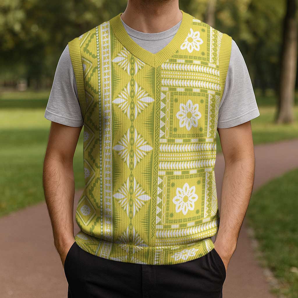 Fiji Masi All Yellow Christmas Knitted V-Neck Vest Tapa Pattern LT01 - Polynesian Pride