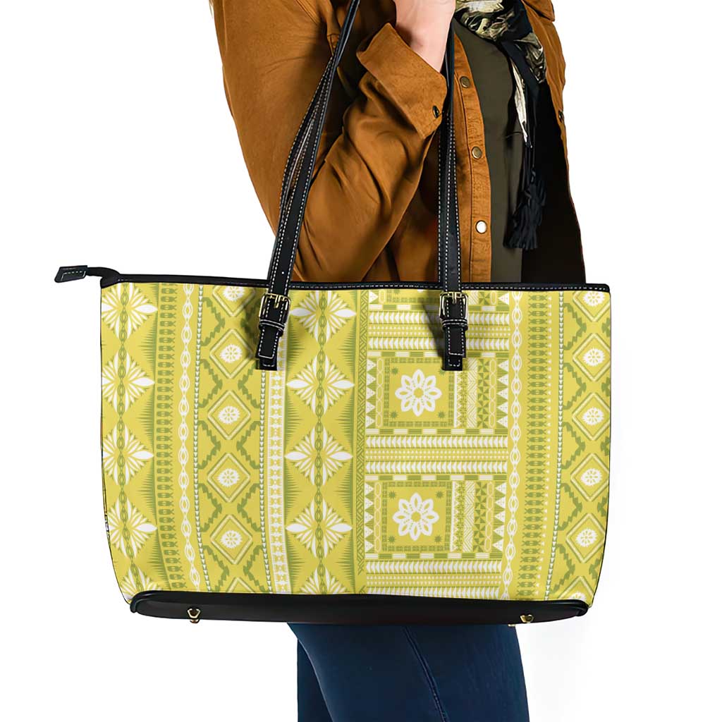 Fiji Masi All Yellow Leather Tote Bag Tapa Pattern LT01 - Polynesian Pride