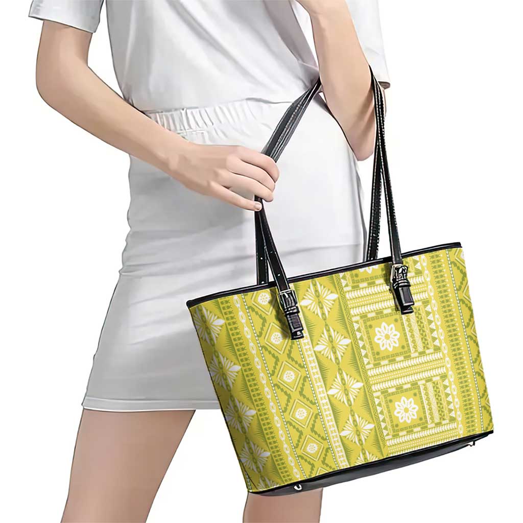 Fiji Masi All Yellow Leather Tote Bag Tapa Pattern LT01 - Polynesian Pride