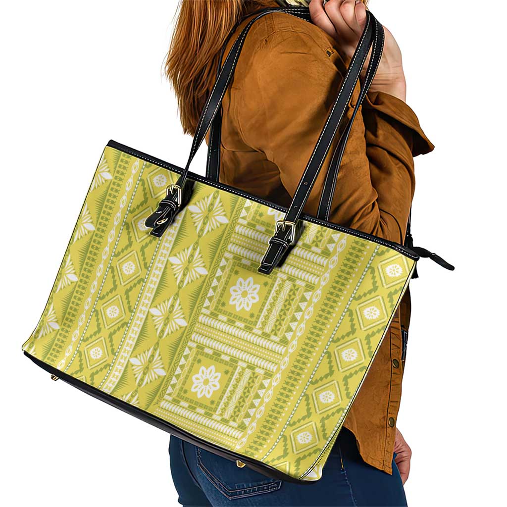 Fiji Masi All Yellow Leather Tote Bag Tapa Pattern LT01 - Polynesian Pride