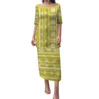 Fiji Masi All Yellow Puletasi Tapa Pattern LT01 Long Dress Yellow - Polynesian Pride
