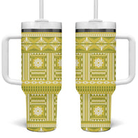 Fiji Masi All Yellow Tumbler With Handle Tapa Pattern LT01 One Size: 40 oz Yellow - Polynesian Pride