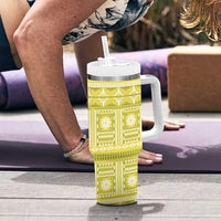 Fiji Masi All Yellow Tumbler With Handle Tapa Pattern LT01 - Polynesian Pride