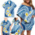 Plumeria Polynesian Blue Glitter Pattern Family Matching Off Shoulder Short Dress and Hawaiian Shirt