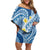 Plumeria Polynesian Blue Glitter Pattern Family Matching Off Shoulder Short Dress and Hawaiian Shirt