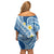 Plumeria Polynesian Blue Glitter Pattern Family Matching Off Shoulder Short Dress and Hawaiian Shirt