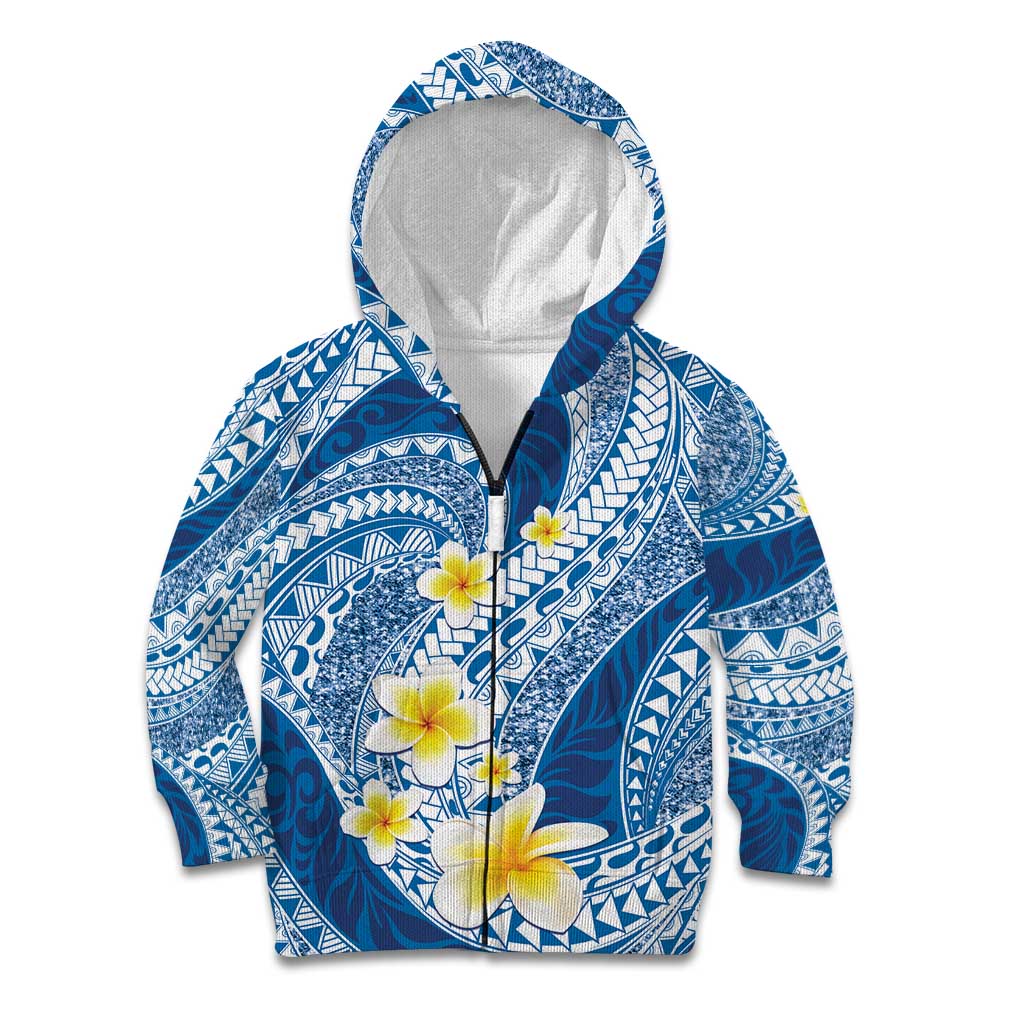 Plumeria Polynesian Blue Glitter Pattern Kid Hoodie LT01 Zip Hoodie Blue - Polynesian Pride