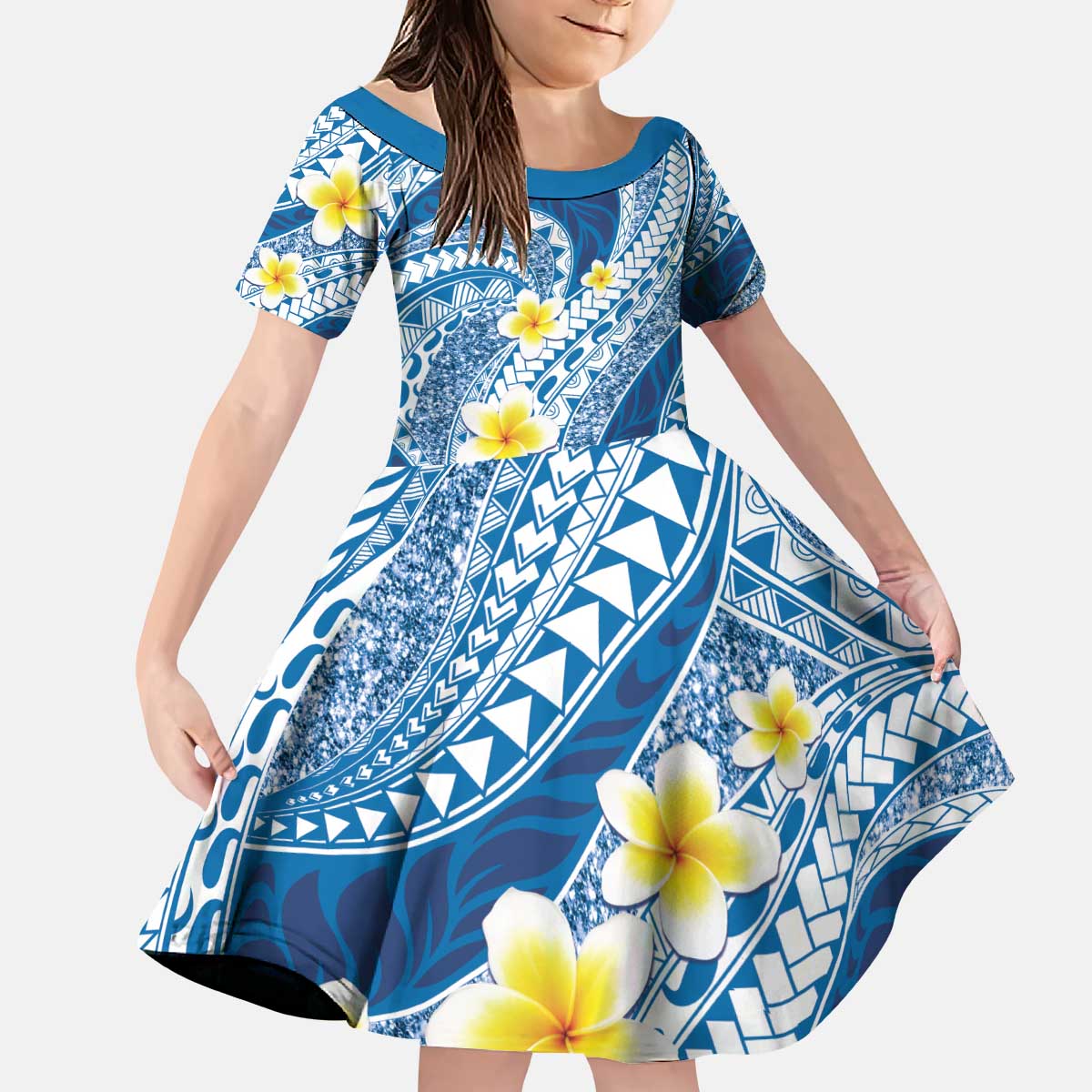 Plumeria Polynesian Blue Glitter Pattern Kid Short Sleeve Dress LT01 KID Blue - Polynesian Pride