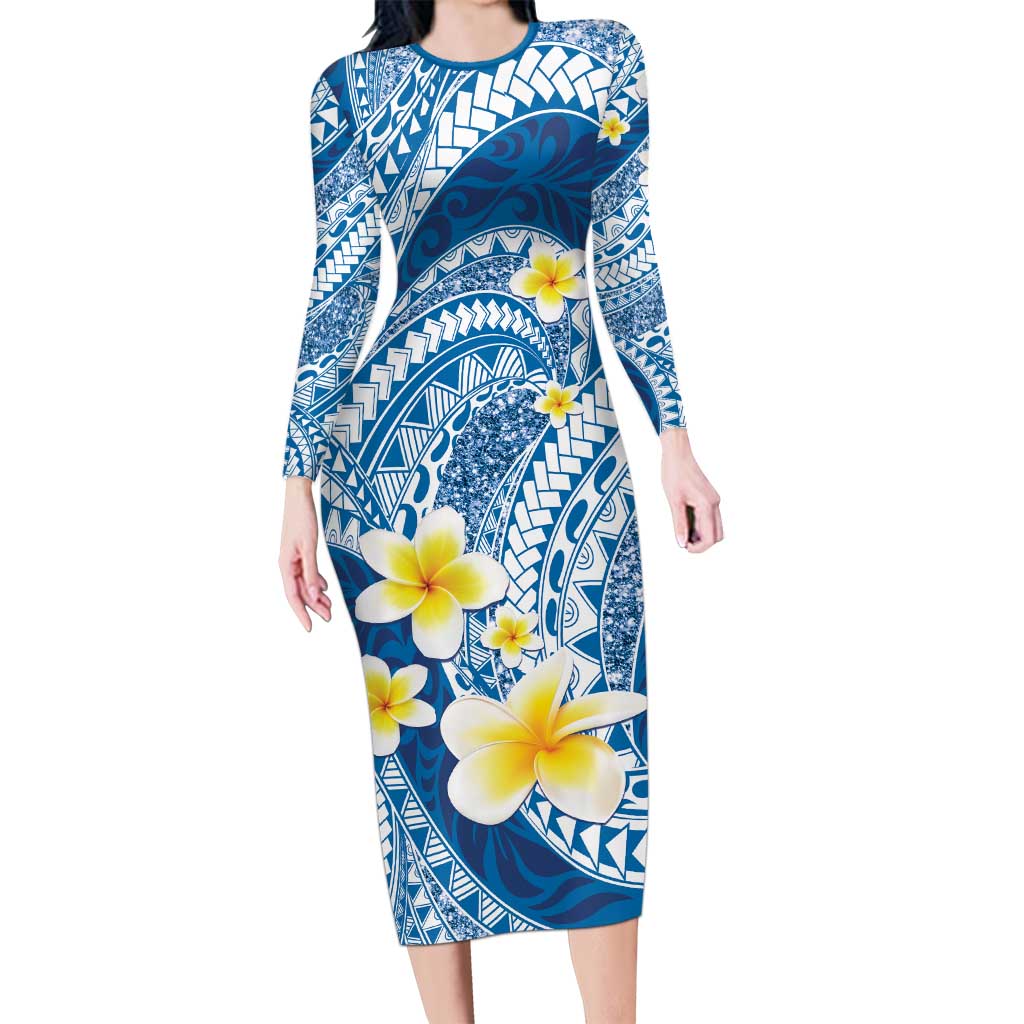Plumeria Polynesian Blue Glitter Pattern Long Sleeve Bodycon Dress LT01 Long Dress Blue - Polynesian Pride