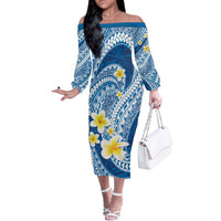 Plumeria Polynesian Blue Glitter Pattern Off The Shoulder Long Sleeve Dress LT01 Women Blue - Polynesian Pride