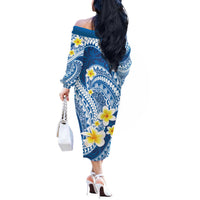 Plumeria Polynesian Blue Glitter Pattern Off The Shoulder Long Sleeve Dress LT01 - Polynesian Pride