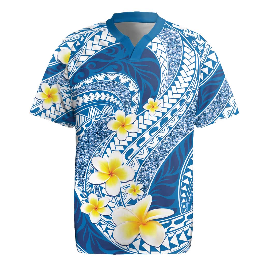 Plumeria Polynesian Blue Glitter Pattern Rugby Jersey LT01 Blue - Polynesian Pride