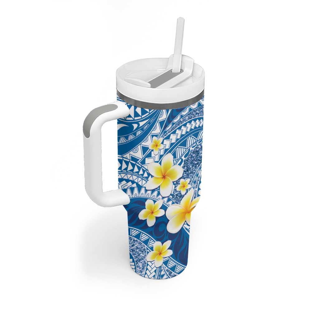 Plumeria Polynesian Blue Glitter Pattern Tumbler With Handle LT01 - Polynesian Pride