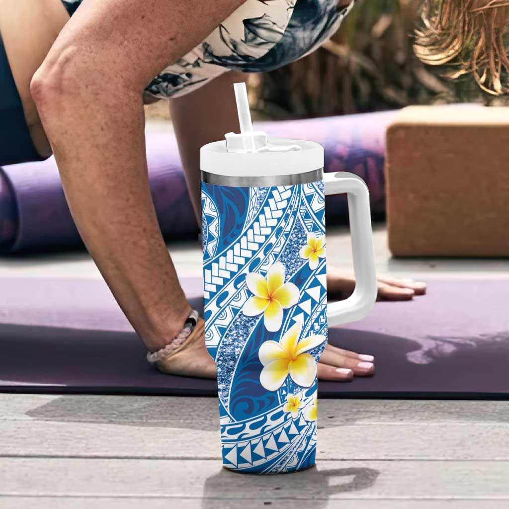 Plumeria Polynesian Blue Glitter Pattern Tumbler With Handle LT01 - Polynesian Pride