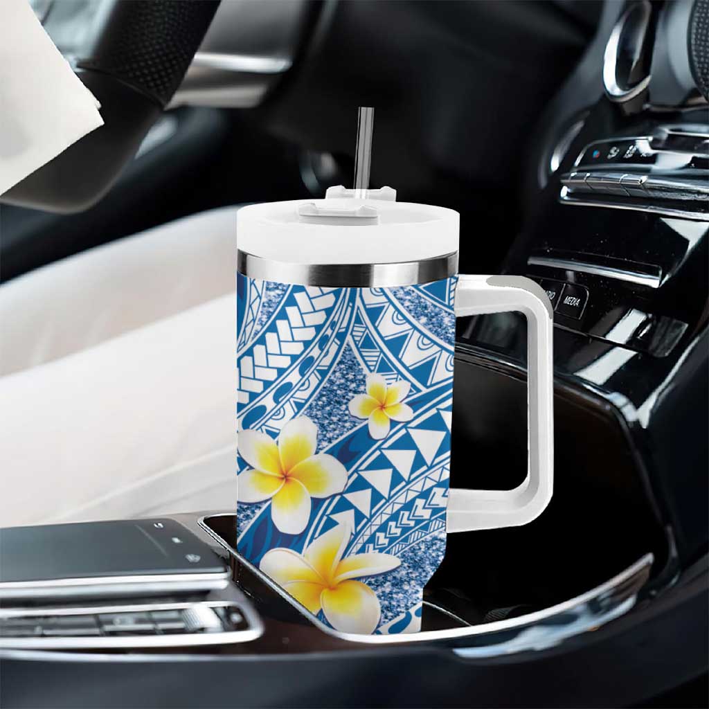 Plumeria Polynesian Blue Glitter Pattern Tumbler With Handle LT01 - Polynesian Pride