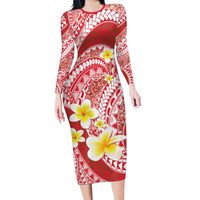 Plumeria Polynesian Coral Glitter Pattern Long Sleeve Bodycon Dress LT01 Long Dress Coral - Polynesian Pride