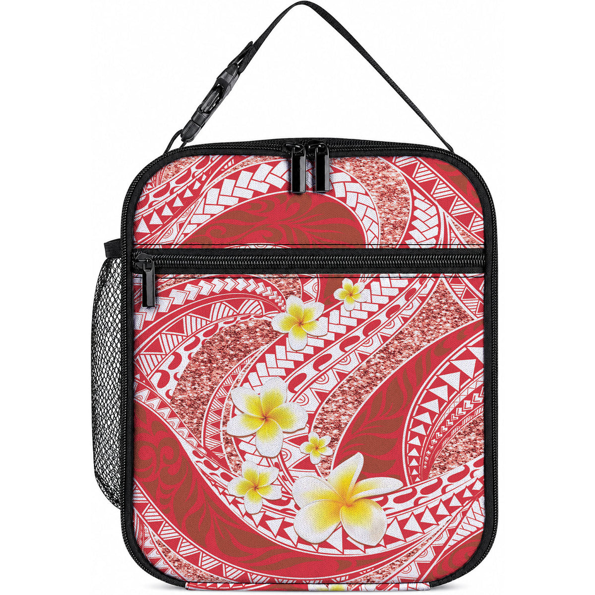 Plumeria Polynesian Coral Glitter Pattern Lunch Bag LT01 10.2 × 8.3 × 4.3 inch Coral - Polynesian Pride