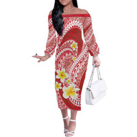 Plumeria Polynesian Coral Glitter Pattern Off The Shoulder Long Sleeve Dress LT01 Women Coral - Polynesian Pride