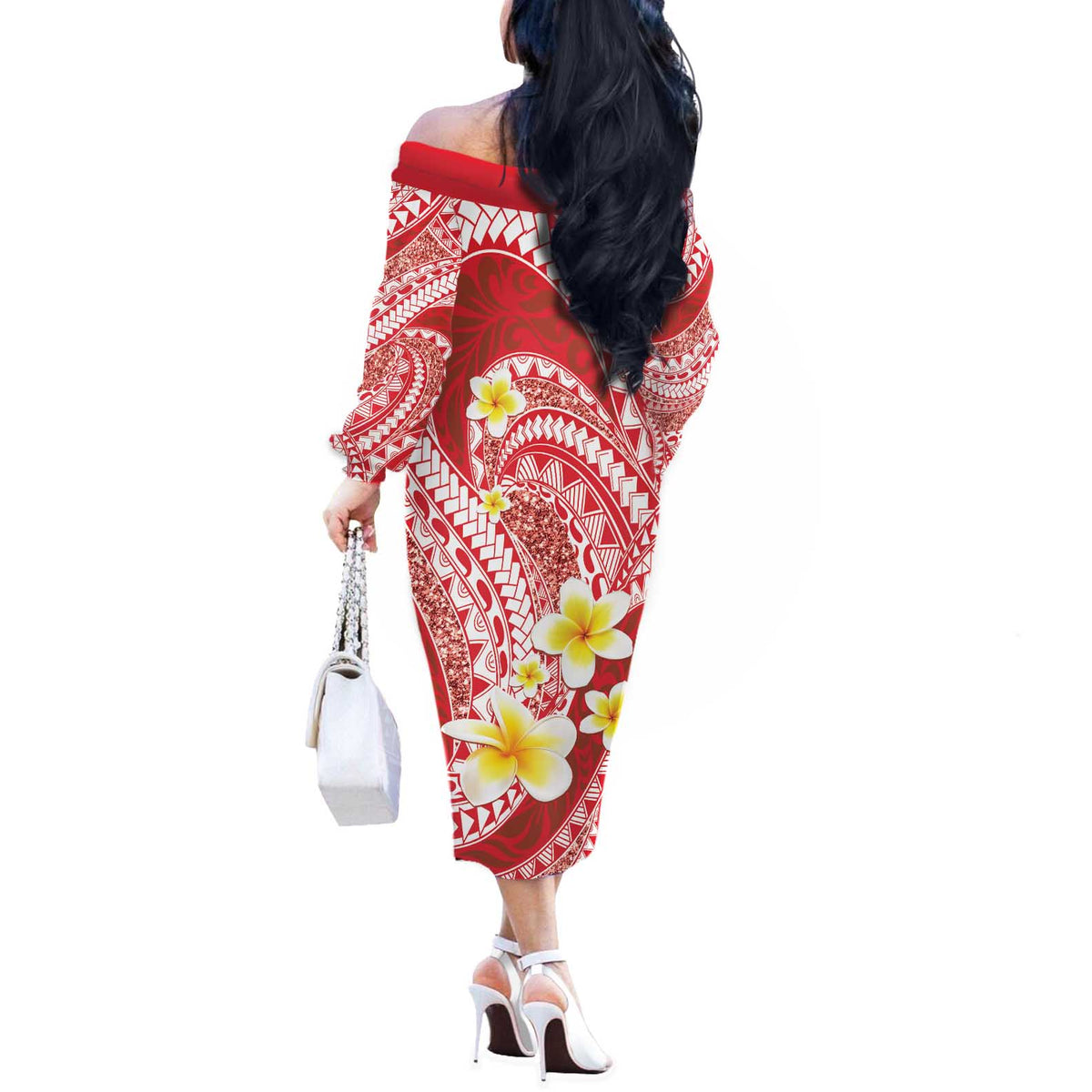 Plumeria Polynesian Coral Glitter Pattern Off The Shoulder Long Sleeve Dress LT01 - Polynesian Pride