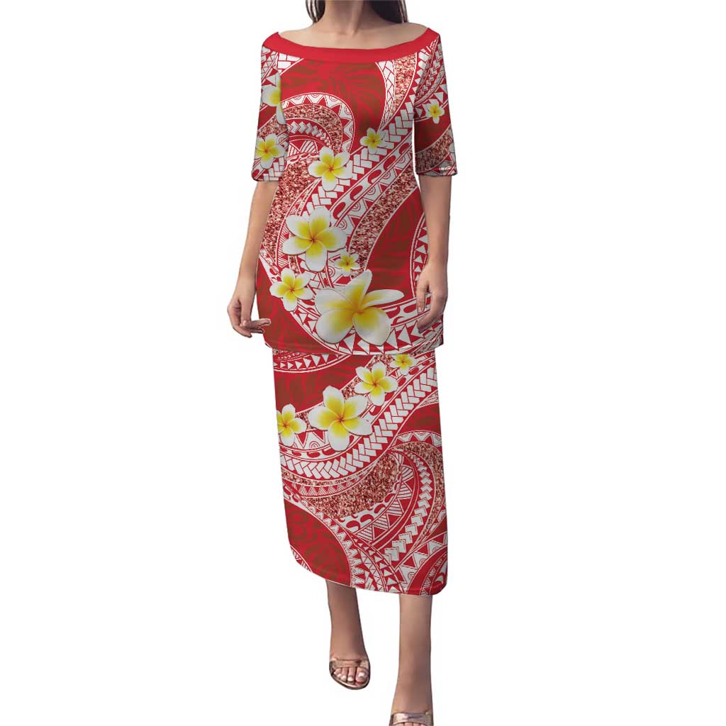 Plumeria Polynesian Coral Glitter Pattern Puletasi LT01 Long Dress Coral - Polynesian Pride