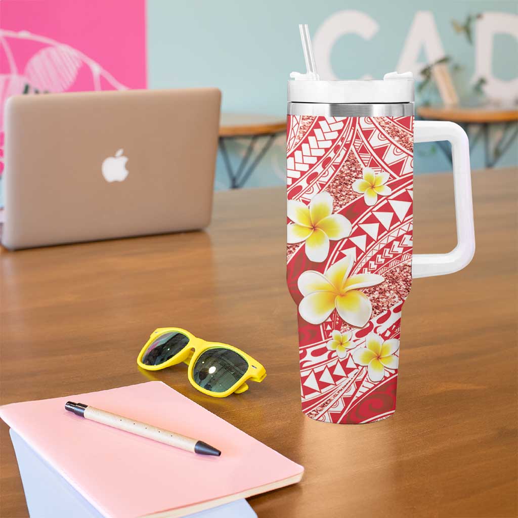 Plumeria Polynesian Coral Glitter Pattern Tumbler With Handle LT01 - Polynesian Pride
