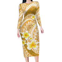 Plumeria Polynesian Gold Glitter Pattern Long Sleeve Bodycon Dress LT01 Long Dress Gold - Polynesian Pride