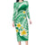 Plumeria Polynesian Green Glitter Pattern Family Matching Long Sleeve Bodycon Dress and Hawaiian Shirt