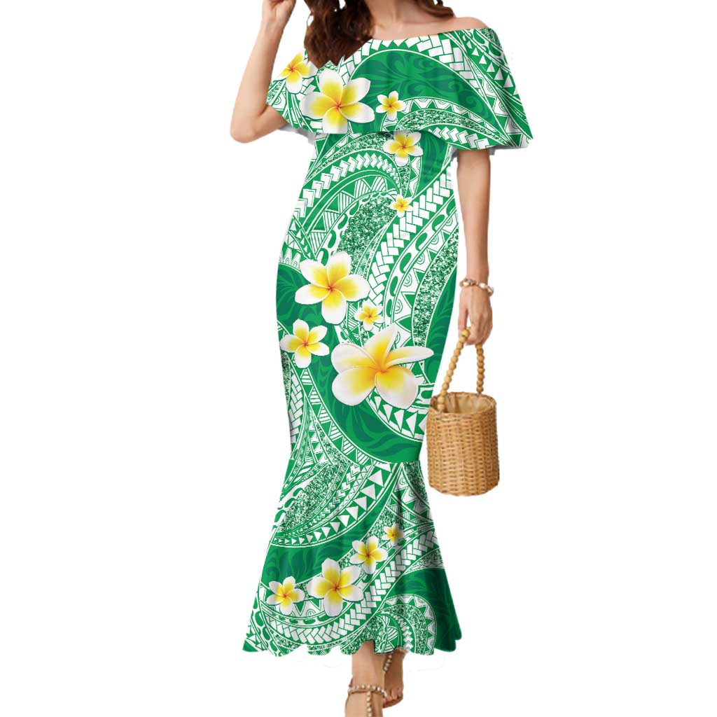 Plumeria Polynesian Green Glitter Pattern Mermaid Dress LT01 Women Green - Polynesian Pride