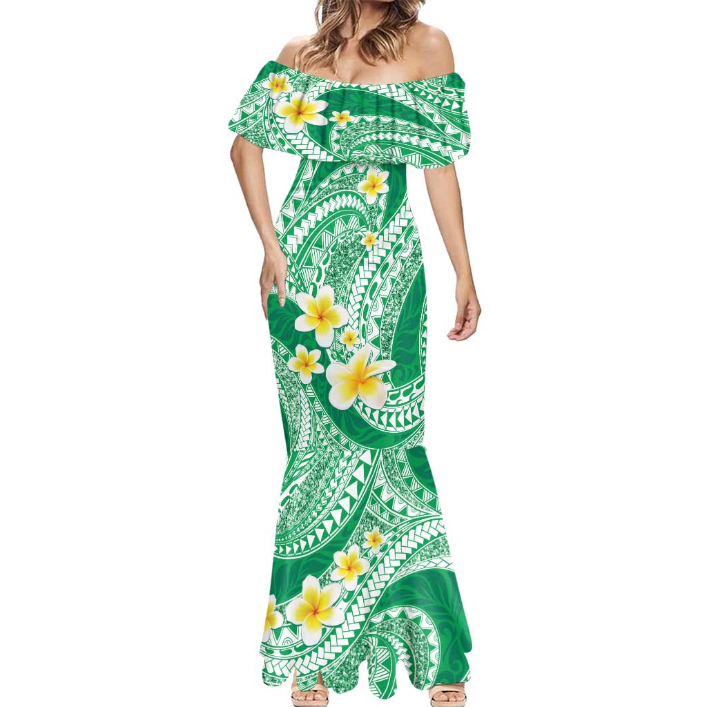 Plumeria Polynesian Green Glitter Pattern Mermaid Dress LT01 - Polynesian Pride