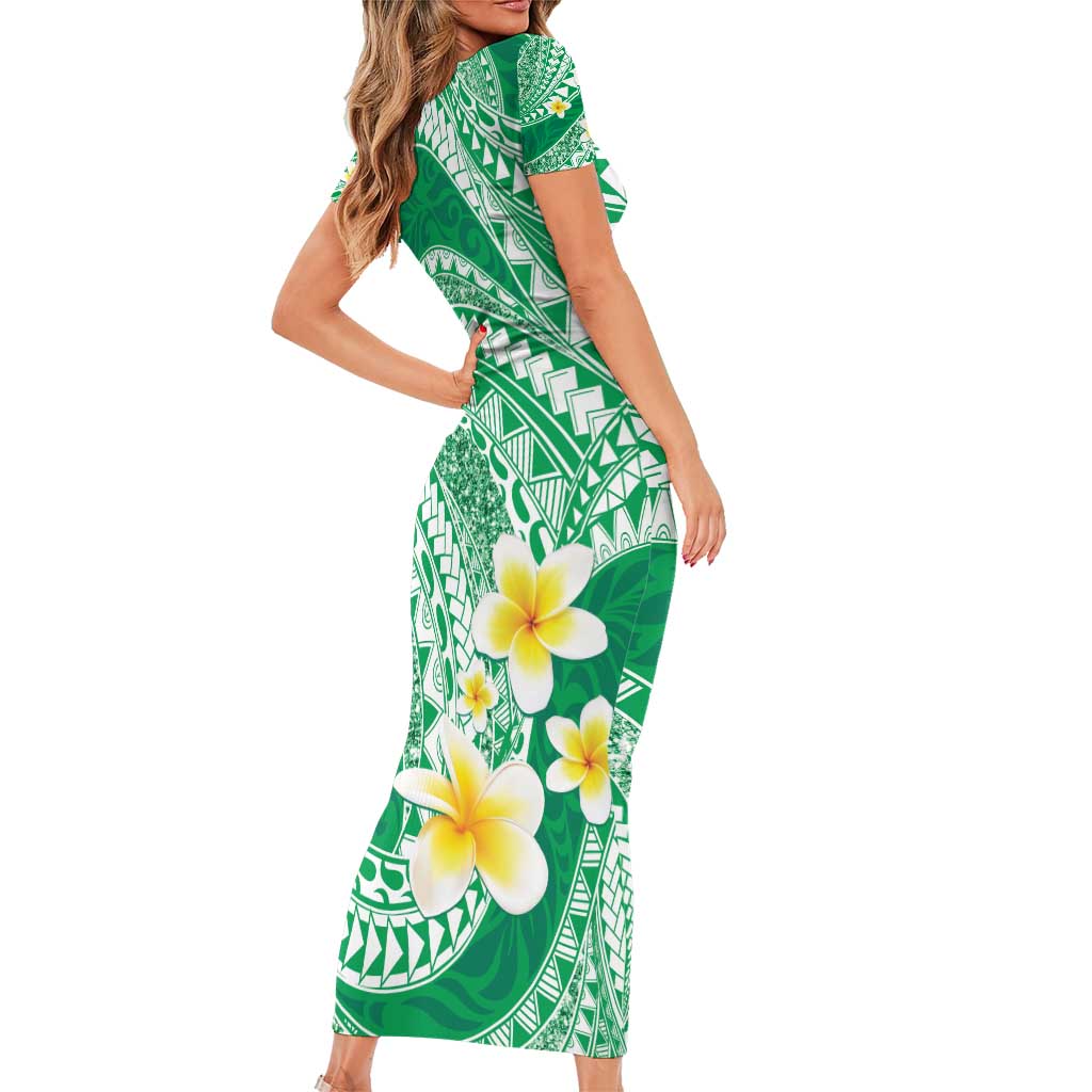 Plumeria Polynesian Green Glitter Pattern Short Sleeve Bodycon Dress LT01 - Polynesian Pride