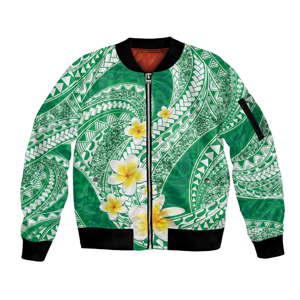 Plumeria Polynesian Green Glitter Pattern Sleeve Zip Bomber Jacket LT01 Unisex Green - Polynesian Pride